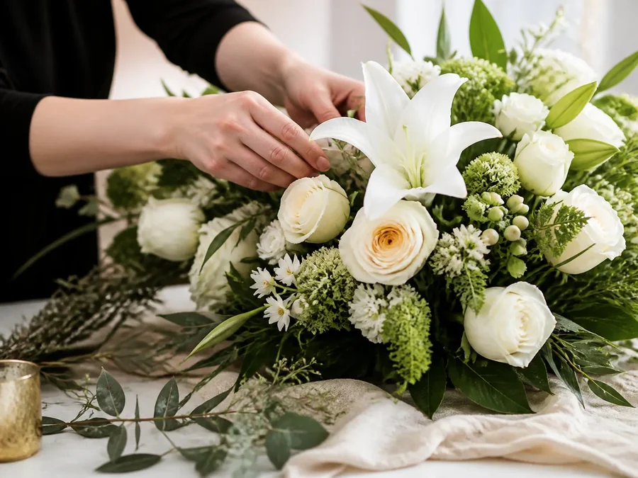 White flowers being arranged with care