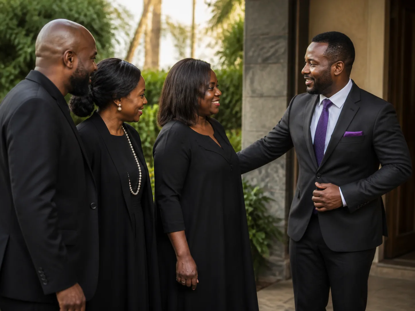 Professional funeral staff welcoming a family