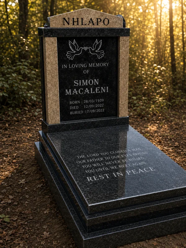 Black and beige granite memorial with dove engraving and a full inscribed ledger, by Queen Funeral Holding