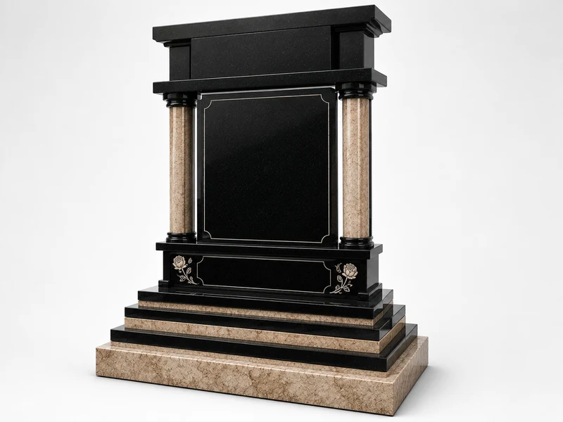 Rustenburg Black granite tombstone with colour detailing from Queen Funeral Holding