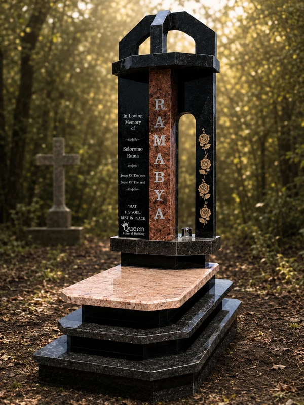 Black and red granite column memorial with gold rose engraving, by Queen Funeral Holding