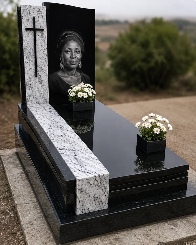 Black granite and white marble memorial with a carved cross and flower pots, by Queen Funeral Holding