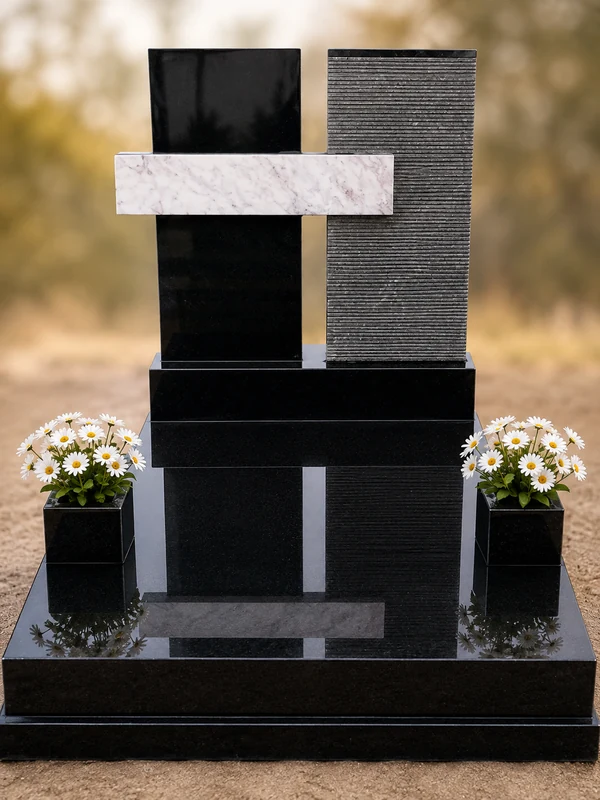 Modern black granite memorial with a white marble crossbar and twin flower pots, by Queen Funeral Holding